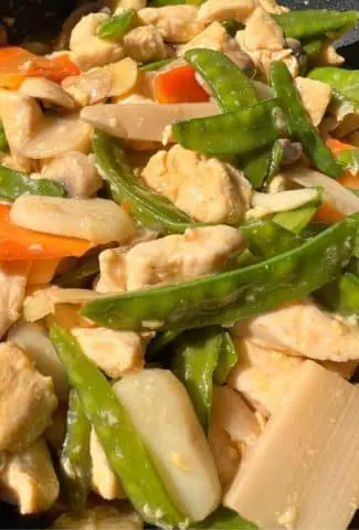 Moo Goo Gai Pan is a super healthy Chinese dish, low in fat and calories, a good choice for weight loss. It contains 5 vegetables and low-calories chicken breast. Covered with sauce and eaten with rice, it's very tasty and delicious. Even my kids love it.