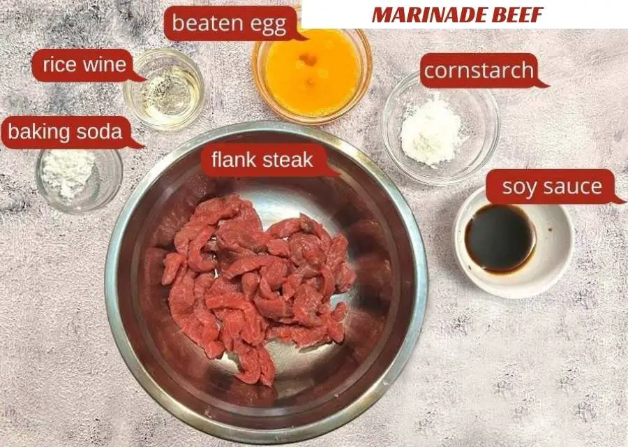 Beijing beef marinade beef with beaten egg, soy sauce, rice wine, and baking soda. Mix well and marinate for at least 10 minutes (you can also leave it overnight). Add cornstarch before cooking. 