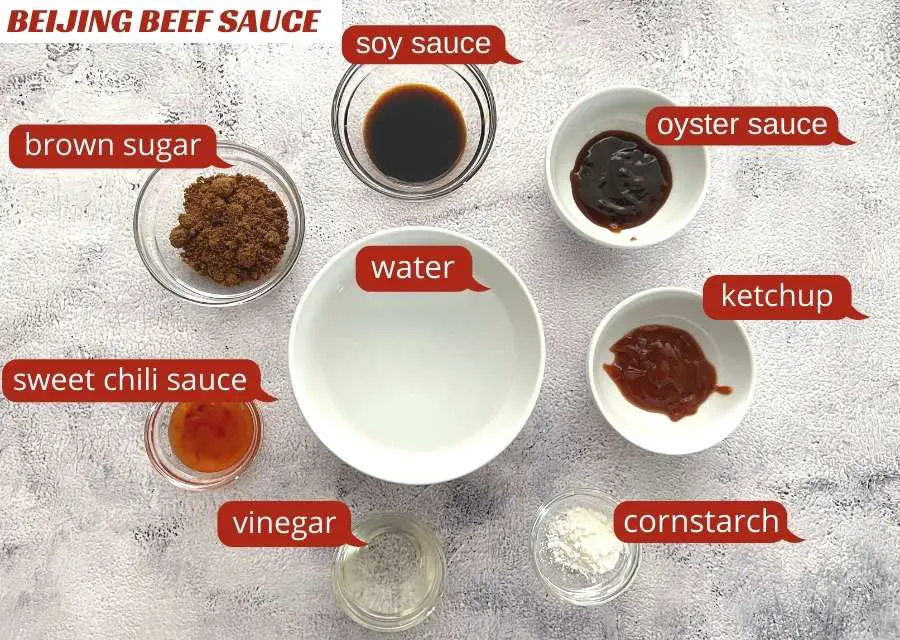 To make Beijing beef sauce, mix brown sugar, soy sauce, oyster sauce, ketchup, cornstarch, vinegar, sweet chili sauce, and water in a small bowl. 