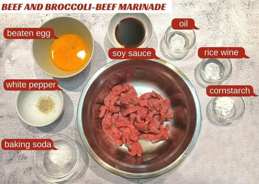 beef and broccoli beef marinade consist oyster sauce, baking soda powder, white pepper powder, rice wine, oil, cornstarch, water, and beaten egg,