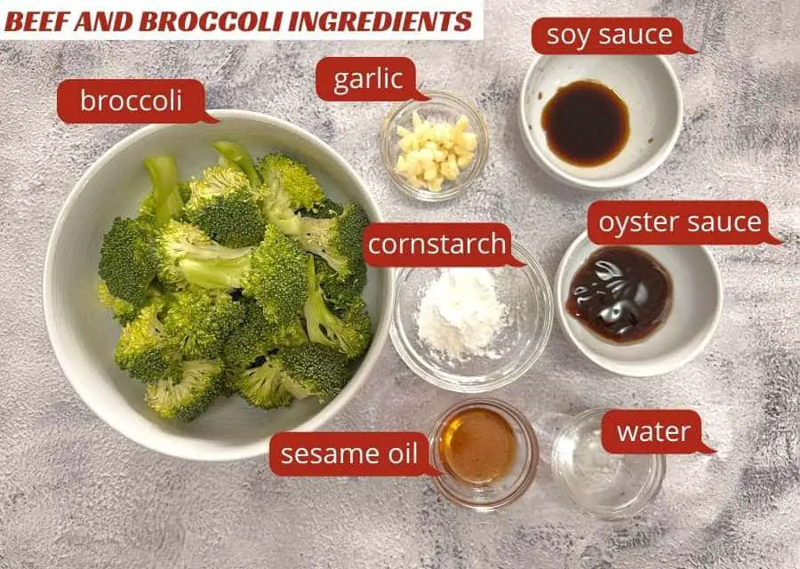 beef and broccoli ingredients consist broccoli, garlic, soy sauce, oyster sauce, cornstarch, water and sesame oil.