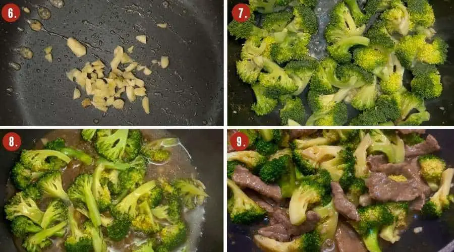 How to make beef and broccoli- Sauté the aromatics, add broccoli and 2 tablespoons water then cover the pan. Add the sauce and return the beef. 