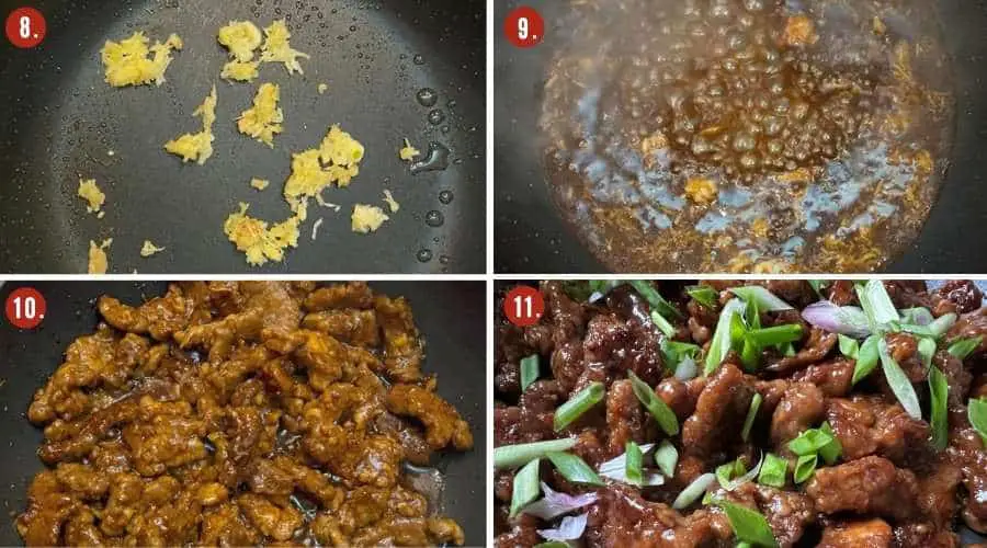 How to make mongolian beef? Fry the spices and add the sauce. Return the beef. Add scallions.