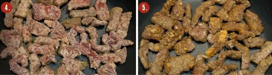 How to make Beijing beef -1. sliced beef into 1/4" strips. 2. marinade beef. 3. dip sliced beef with cornstarch. 4. pan fried beef. 5. stir fry garlic with Beijing sauce. 6. tossed with onion, beef and red bell pepper.