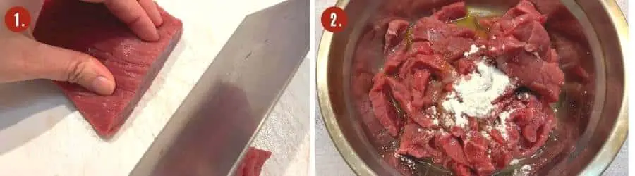 How to make Beijing beef -1. sliced beef into 1/4" strips. 2. marinade beef. 3. dip sliced beef with cornstarch. 4. pan fried beef. 5. stir fry garlic with Beijing sauce. 6. tossed with onion, beef and red bell pepper.
