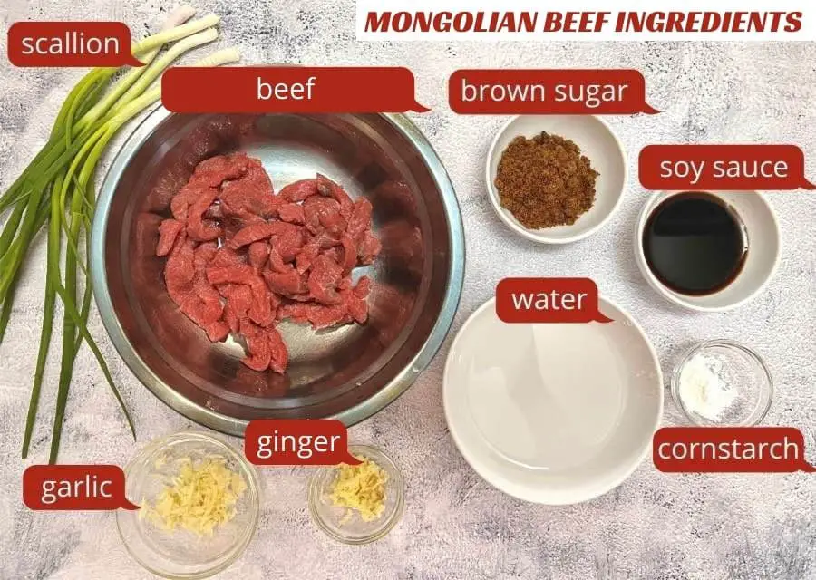Mongolian beef ingredients contains flank steak, scallions, fresh ginger and fresh garlic.