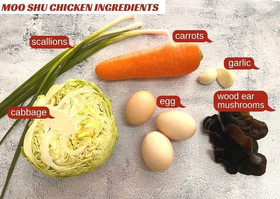 moo shu chicken ingredients - chicken breasts, egg, cabbage, carrots, wood ear mushrooms, garlic & green onions.