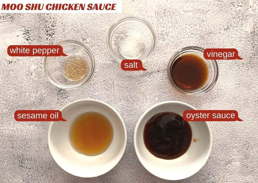 Moo shu chicken sauce - white pepper, salt, vinegar, oyster sauce and sesame oil.