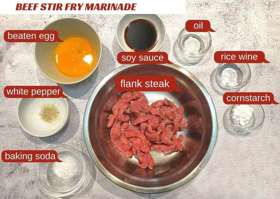 Beef marinades: soy sauce, baking soda, rice wine, black pepper, and beaten egg