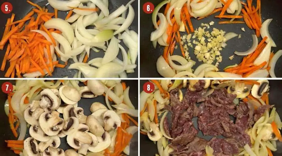 how to make beef stir fry with noodles. 1. cut the beef. 2. Marinade beef. 3. mix sauce together. 4. cook spaghetti 5. cook vegetables 6. cook beef. 7. cook spaghetti with sauce 8. add back beef and vegetables and toss them together.
