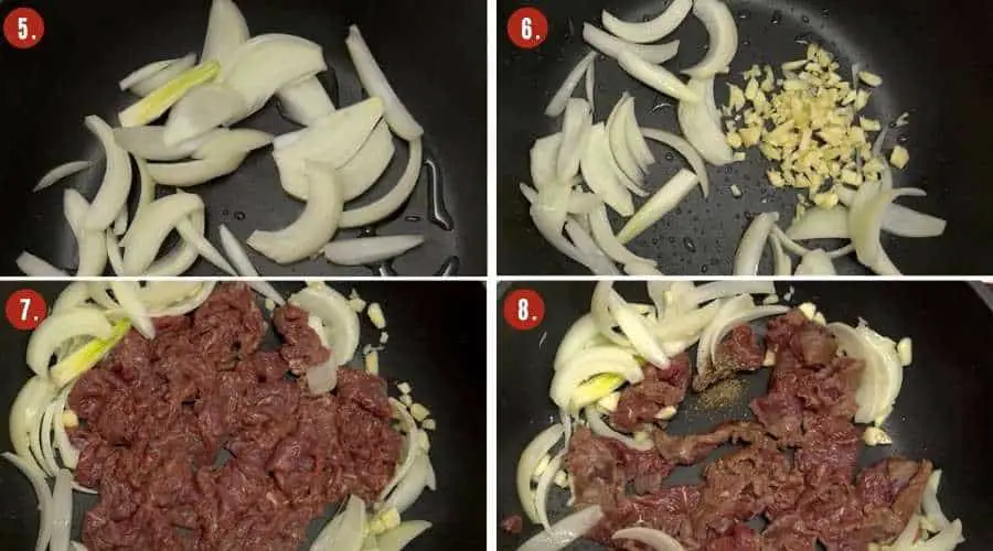 how to make black pepper steak with onion? Just 4 simple steps: first, sauté the onion and garlic, second, add the beef and sauté briefly, third, add the sauce and green bell pepper and sauté, fourth, add the butter and serve immediately.