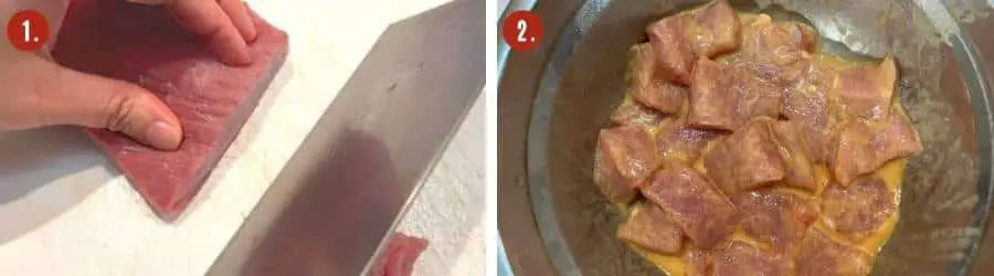 Cut the pork – To make the meat more tender, always cut against the grain direction. Cut them into 2cm 3/4" cubes. Then marinade pork.
