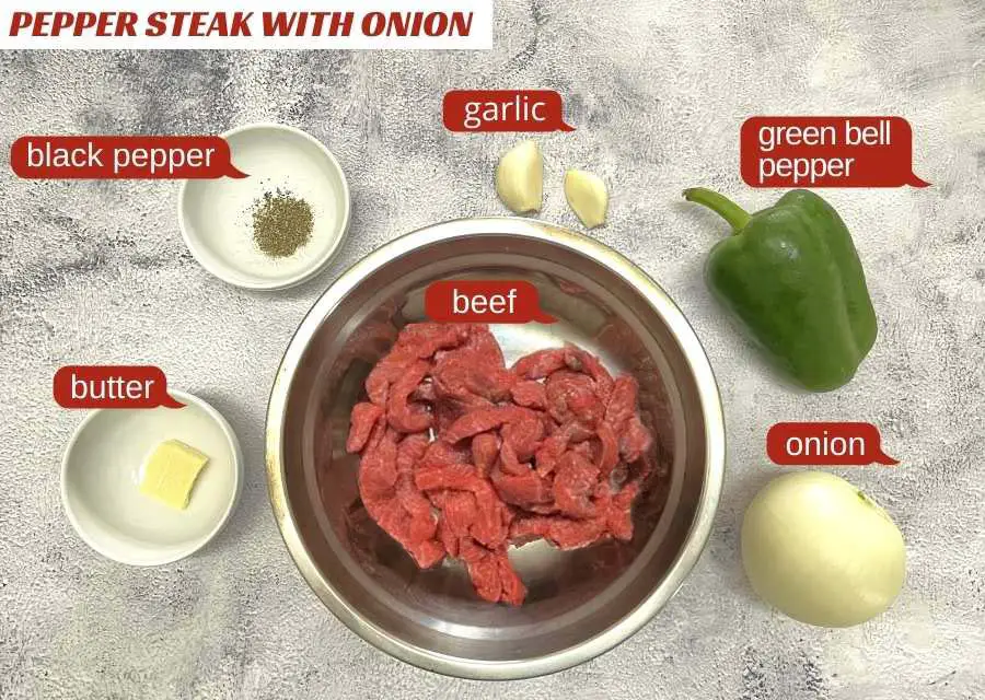 pepper steak with onion ingredients: beef, black pepper, garlic, onion, green bell pepper and butter