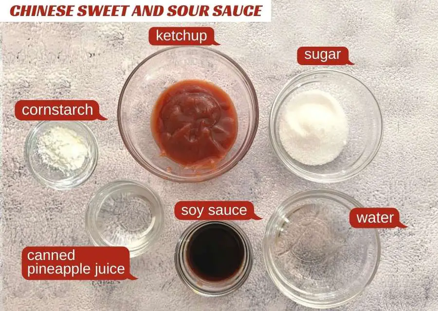 Chinese sweet and sour sauce consist of ketchup, sugar, canned pineapple juice, water, soy sauce, and cornstach.